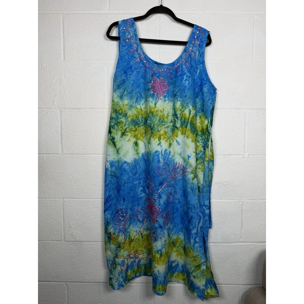 Boho Tie Dye Beaded Midi Dress Women's Large Blue Green Artsy Festival Lagenlook